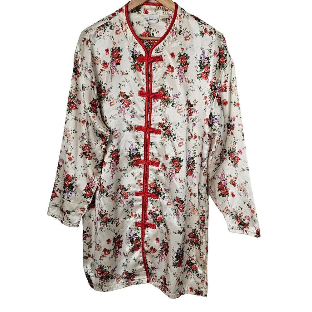 Vintage Kathryn Asian Dress Womens Large White Red Floral Button Tunic Silky